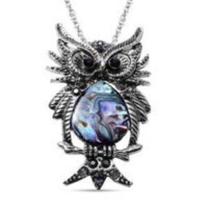 Abalone Shell, Black and Grey Austrian Crystal Owl Pendant Necklace